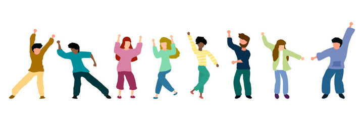 A group of happy young people dancing on a white background. Young men and women enjoying a dance party. Exciting music party. Colorful vector illustration in flat cartoon style.