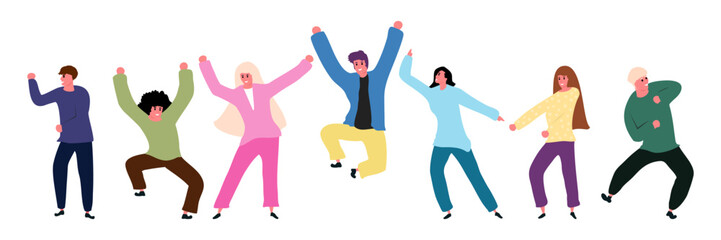 A group of happy young people dancing on isolated white background. Young men and women enjoying a dance party. Exciting music party. Adult friends jumping and dancing. Vector illustration flat style