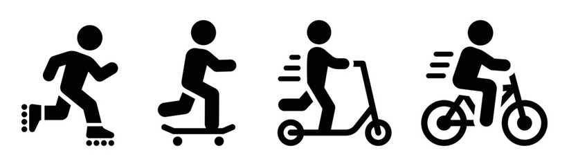 Active transportation icon set. Containing roller skates, skateboard, bicycle and scooter electric icon isolated on white background. © Icons-Studio