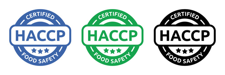 HACCP round stamp icon set. Hazard analysis and critical control points emblem. Food safety system seal imprint.