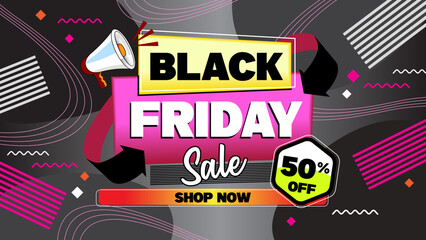 Black Friday discount 50 percent banner illustration with elements