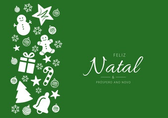 Portuguese text: Feliz Natal e próspero ano novo. Merry Christmas and Happy New Year. Vector illustration