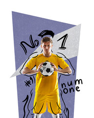 Contemporary art collage. Creative design. Young sportive man, football player in uniform posing. Drawings over body