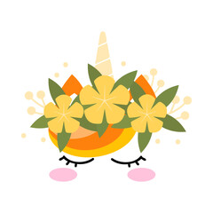 Unicorn face with orange hair and flowers cartoon illustration. Cute magic animal head with yellow horn and green leaves or birthday decoration for cake on white background. Fantasy, dream concept