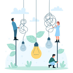 Clarity and simplification of solution process vector illustration. Cartoon tiny people simplify complex unclear problem to easy simple one, untangle hanging tangled light bulbs with knots on wires - obrazy, fototapety, plakaty