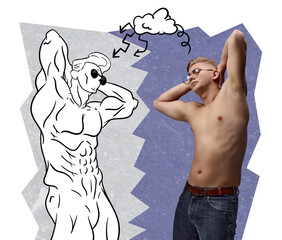Contemporary art collage. Creative design with young man posing shirtless. Drawn silhouette. Feeling handsome