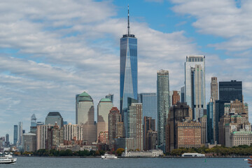 View of Manhattan Skyline of New York City, and is its main business and commercial center view from Staten Island Ferry.