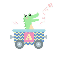 Alphabet train carriage with alligator and letter a. Vector illustration of abc for preschool children learning English letters. Cartoon funny crocodile sitting in vehicle isolated on white. Education