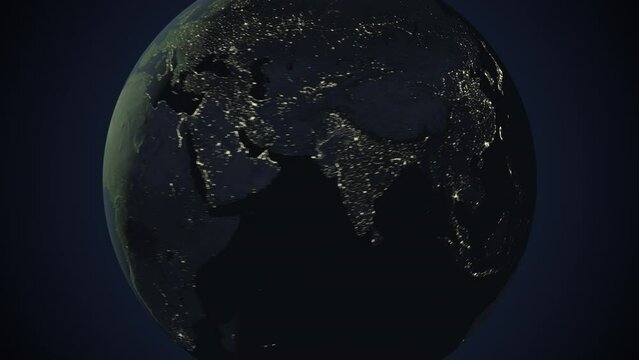 Seamless looping animation of the earth at night zooming in to the 3d map of North Korea with the capital and the biggest cites in 4K resolution