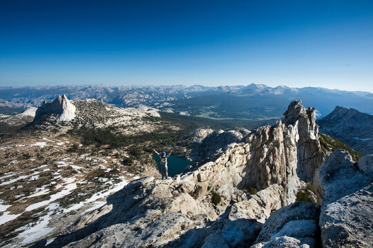 Landscape of mountains with hiker,Â TuolumneÂ Meadows, Yosemite National Park,Â California, USA