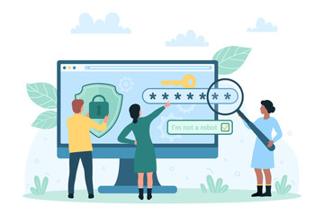 User verification after registration or authorization vector illustration. Cartoon tiny people looking through magnifying glass at computer display to verify access, holding safe shield with lock