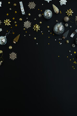 Luxury Christmas, New Year holidays composition with blank copy space. Gold baubles balls, stars on...