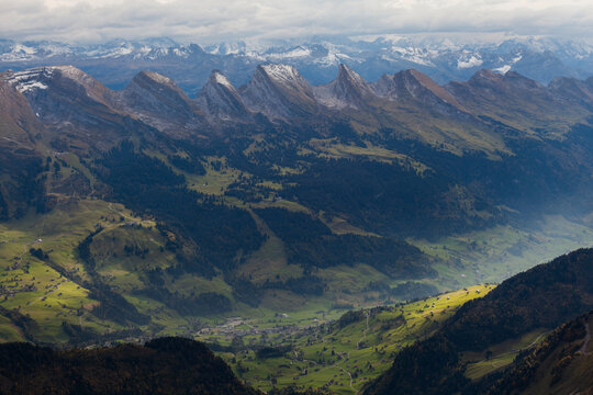 Seven peaks of Churfirsten mountain range from Santis, canton of St. Gallen, Switzerland