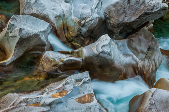Banded gneiss bedrock in the Verzasca River, Canton of Ticino, Switzerland