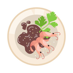 Shrimps on plate with parsley cartoon illustration. Salad making process isolated on white background. Restaurant, culinary, dinner concept