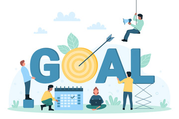 Business goals progress, achievement and success challenge vector illustration. Cartoon tiny people standing near target with arrow in bullseye on goal lettering, employees achieve work objectives