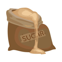 Bag of granulated brown sugar. Sack full of sugar with tag on it. Vector illustration isolated in white background. Sweet food, sucrose concept.