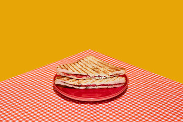 Light snack. Perfectionism and colorful minimalism. Meat sandwich, fried toast on plaid red and white tablecloth background. Food pop art photography.