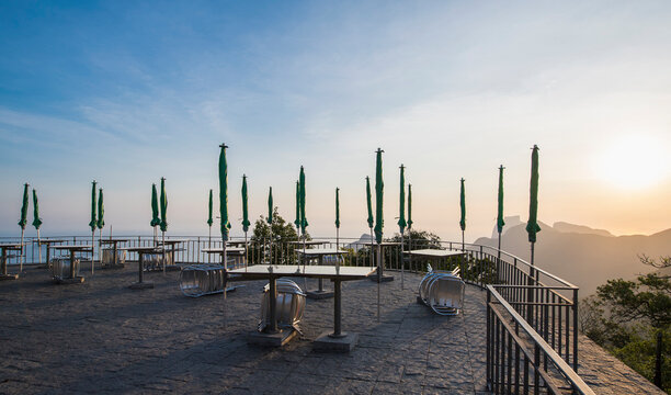 Abandoned tables at closed cafe above Rio de Janeiro