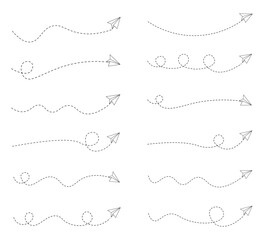 Set of dashed line paper airplane route 