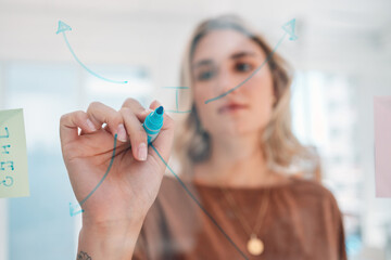 Strategy, idea and woman writing on glass board with blue marker illustration at creative office....