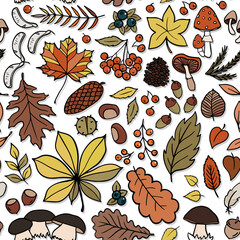 Fall Autumn Leaves Outdoor Doodle linear outline colorful vector seasonal seamless pattern on white background 