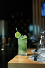 Mojito. Classic drink. Lemonade with peppermint. tall glass



