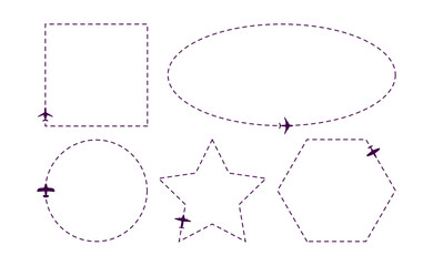 Line trails of flying airplanes set. Vector illustrations of dashed plane routes. Cartoon aircraft paths of different geometric shapes isolated on white. Flight, transportation, geometry concept