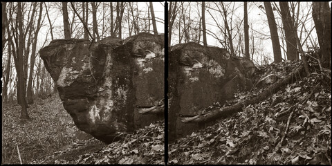 A diptych of a large rock in the forest of Western Pennsylvania.