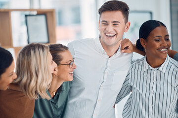 Obraz premium Happy, work friends and business people laughing together at a team building, meeting or celebration. Happiness, diversity and success of team in collaboration on corporate company project in office.
