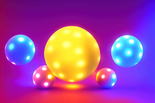 Colorful Balls Light Glow. 3D Sphere Circle Magic Effect. Abstract Bright Shine Round Blue And Yellow Energy Orb On Purple Background