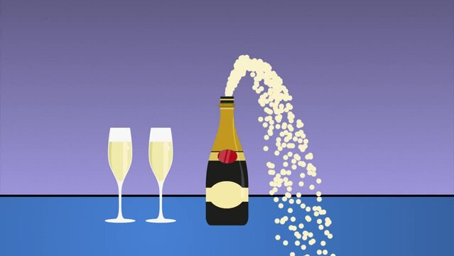 Champagne bottle popping cork 2D animation. Anniversary, new year's eve, glasses, holiday, bubbly, elegant crystal, fizzy, celebration, party.