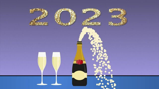 New Year's Eve 2023 2D Animation. Champagne bottle popping cork with two glasses on the table. Fizzy, celebration, festivity, elegance.