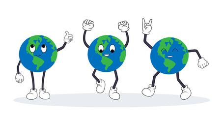 Obraz premium Set of globe characters with cute poses and gestures. Vector illustrations of fun dance of planet Earth. Cartoon balls with funny faces and world map isolated on white. Environment, mascot concept