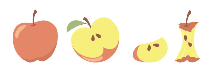 Red apples set. Vector illustrations of healthy sweet fruit for eating. Cartoon whole organic apple, cut in half and slice, bitten and eaten to core isolated on white. Vitamin, food snack concept