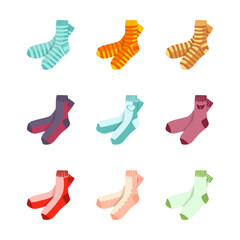 Pair of socks set. Vector illustrations of hosiery in different colors. Cartoon cotton socks with patterns and stripes for child and adult isolated on white. Casual clothing, fashion concept