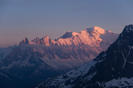 The Mont Blanc range at sunset in the French Alps.