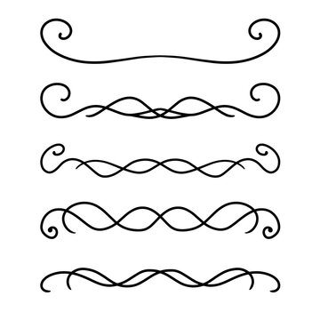 A set of double symmetrical vector dividers with curls, hand-drawn with a black line, borders