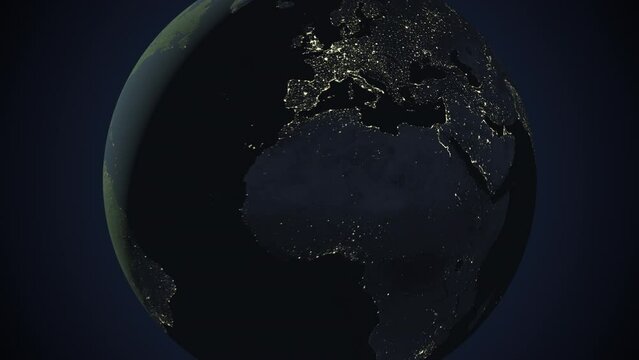 Seamless looping animation of the earth at night zooming in to the 3d map of North Macedonia with the capital and the biggest cites in 4K resolution