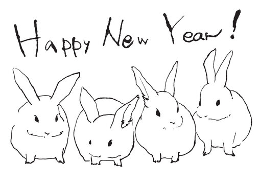 卯年　うさぎの線画イラストの年賀状