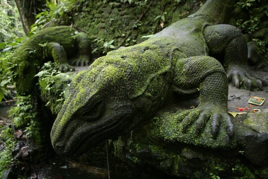 Carving of a large lizard in Monkey Forest, Bali