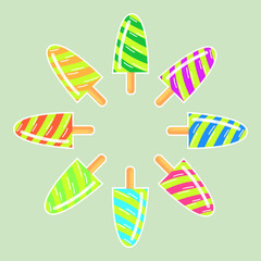 Ice cream bars on wooden sticks set. Vector illustrations of popsicles. Cartoon eskimo with stripes and swirls of different colors isolated on green. Refreshing snack, summer dessert concept