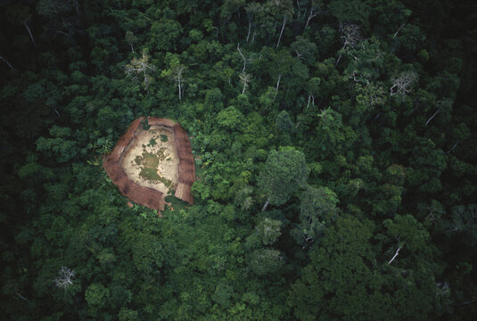 An aerial view of the Shabono village, Orinoco River, Venezuela, South America