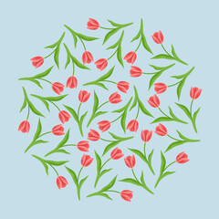 Tulip set in pattern with circle shape. Vector illustrations of floral round ornament. Cartoon spring red flowers on stem with green leaf isolated on blue. Fashion, nature, invitation card concept
