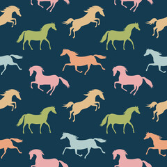 Seamless vector pattern with colorful running horses. Pastel colored horses on a dark blue background. Graphic print for childrenhorse-pattern2