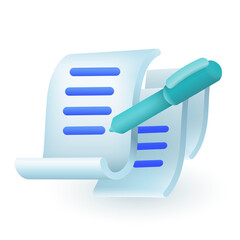 Pen and sheets of paper documents with writing text 3D icon. Notes on pages of notebook, notepad or letter 3D vector illustration on white background. Form, office report, stationery concept