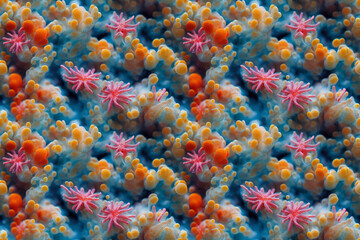 Naklejka na ściany i meble 3D rendered seamless pattern illustration. The Anemones and Corals pattern. Image of a colorful fantasy seabed.