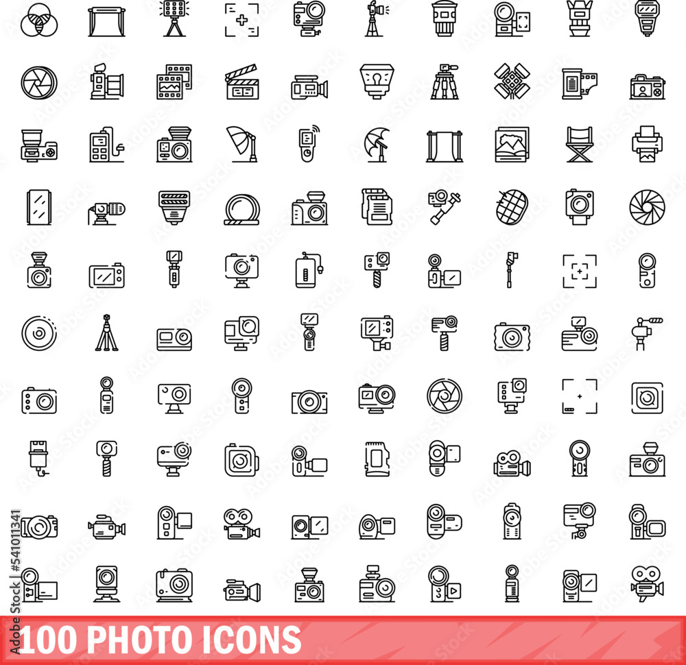 Wall mural 100 photo icons set. Outline illustration of 100 photo icons vector set isolated on white background - Wall murals