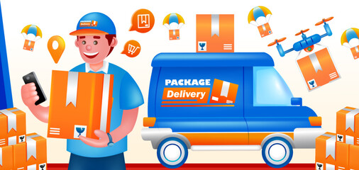 Package Delivery, courier and transportation 3d illustration