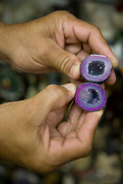 Brazil. Salvador, Bahia. MERCADO MODELO MARKET. Colored Agate Stone with Quartz inside